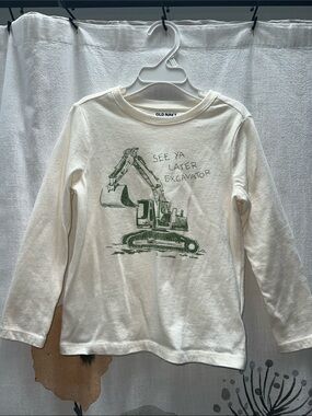 Old Navy Cream Long Sleeve Tee with Green Excavator Graphic